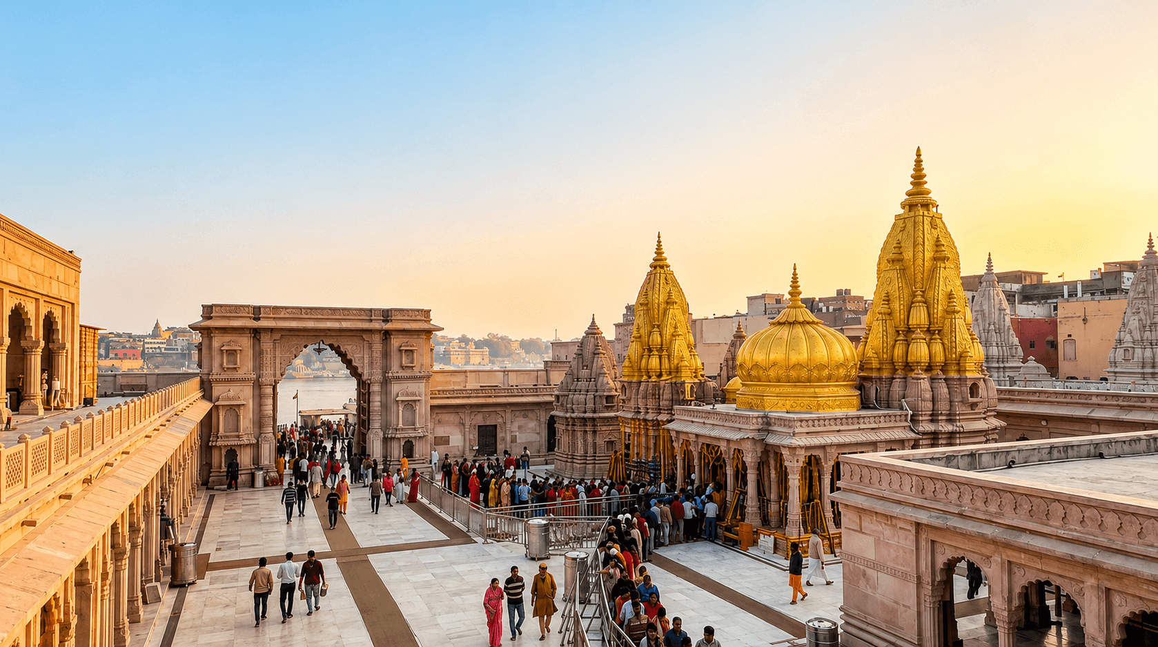 Kashi Vishwanath Temple corridor during Sawan season with pilgrims in Varanasi