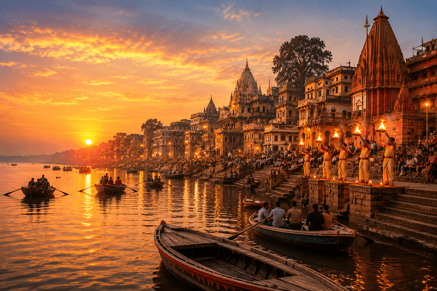 Sunset at Varanasi Ghats with Ganga Aarti and boats, hotel stays near Varanasi Junction Railway Station.