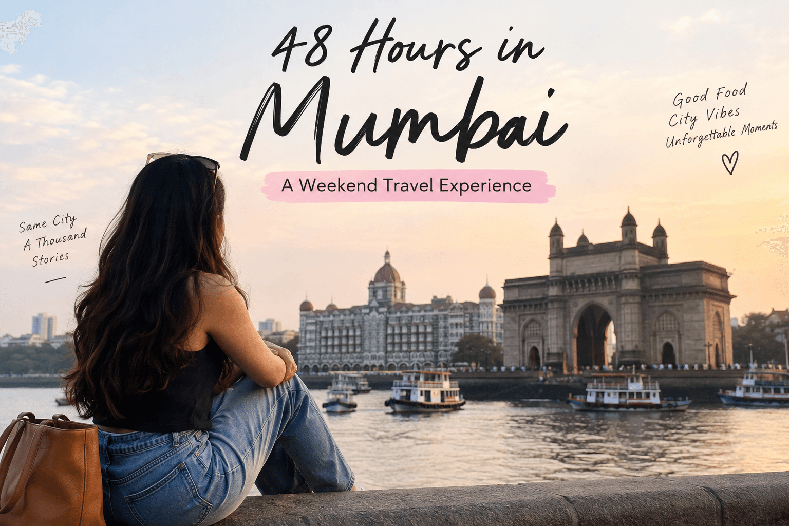 48 hours in Mumbai travel experience with a view of the Gateway of India and Mumbai skyline at sunset.